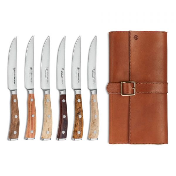 WÜSTHOF Ikon 6-Piece Mixed Wood Steak Knife Set with Leather Knife Roll